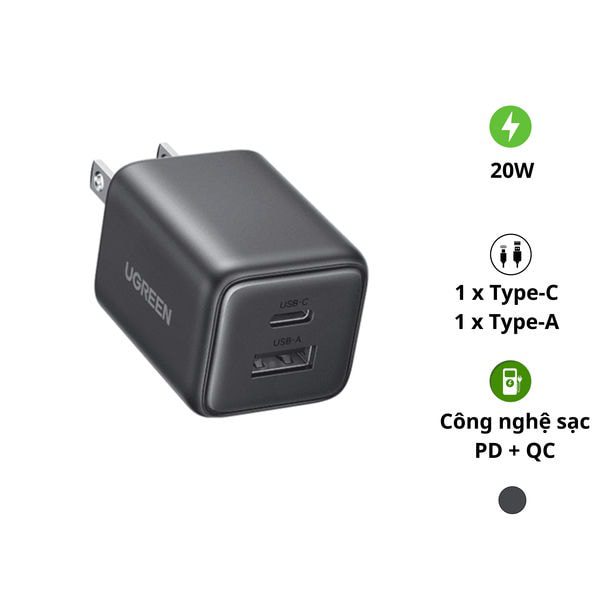 Củ sạc nhanh GaN Nexode Mini 20W 1C1A Ugreen 55533/X514 cao cấp (US Plug)