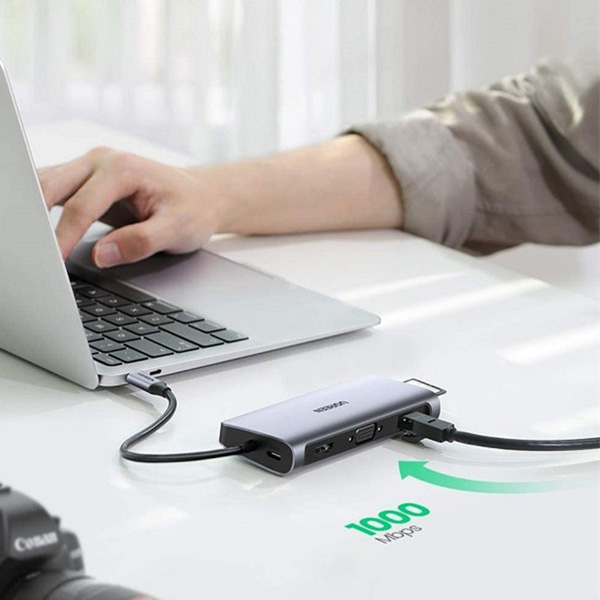 Bộ chuyển đổi USB C to HDMI + VGA + LAN 1Gbps + Hub USB3.0 + SD/TF + Audio Ugreen 80133 cao cấp