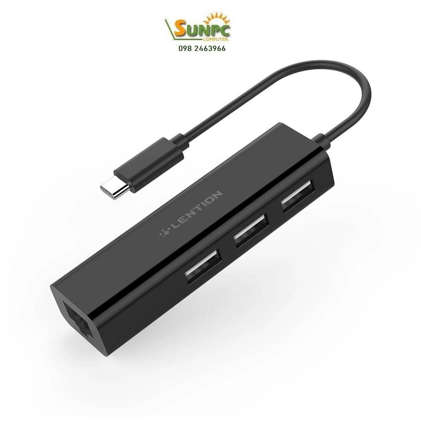 Cáp chuyển đổi từ USB Type C sang 3 cổng USB 2.0 và 1 Lan 10/100 Lention CB-USB-HUB-BLK