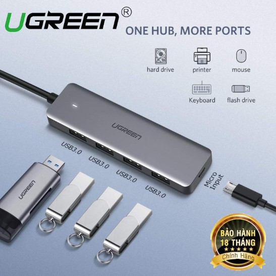 Hub chia 4 cổng USB 3.0 hỗ trợ cấp nguồn Micro USB chính hãng Ugreen 50985 cao cấp