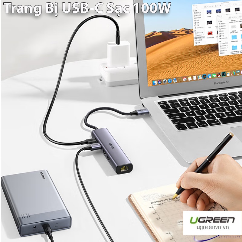 Bộ chia USB Type-C ra 3 USB 3.0/ RJ45 Gigabit/ Type-C PD Ugreen 20932 cao cấp