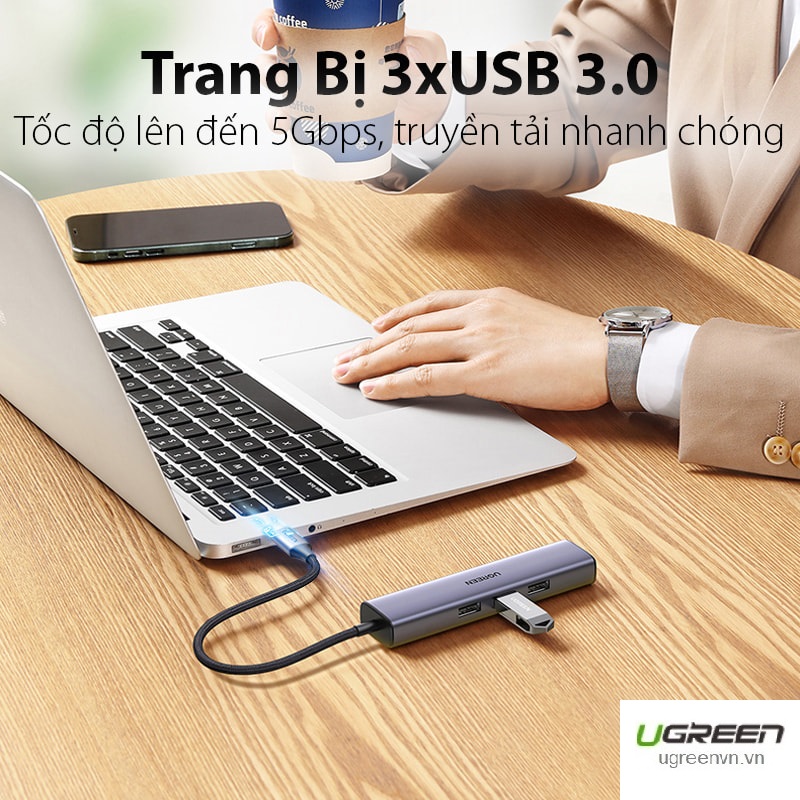 Bộ chia USB Type-C ra 3 USB 3.0/ RJ45 Gigabit/ Type-C PD Ugreen 20932 cao cấp