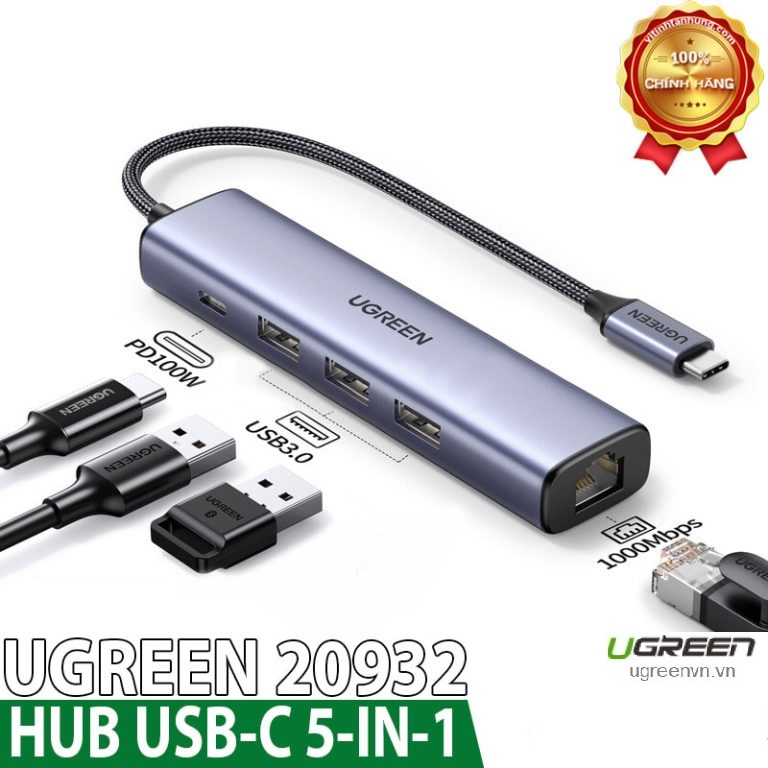 Bộ chia USB Type-C ra 3 USB 3.0/ RJ45 Gigabit/ Type-C PD Ugreen 20932 cao cấp