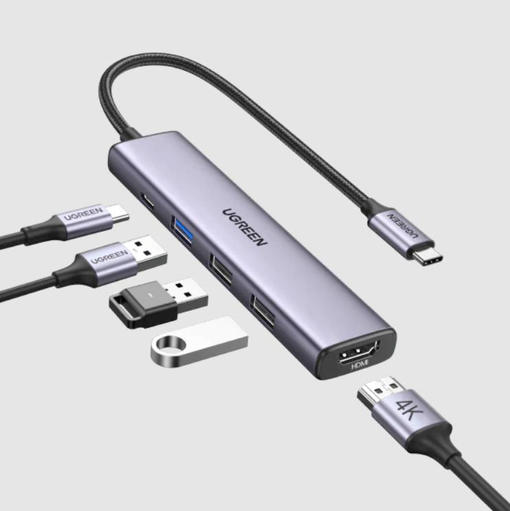 Hub USB Type-C 5 trong 1 ra HDMI 4K@30Hz, USB 2.0, USB 3.0, Sạc PD 100W Ugreen 15495 cao cấp