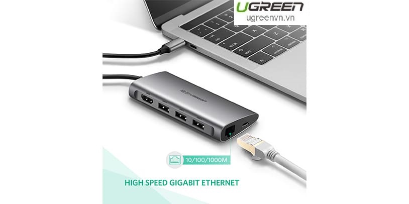 Thiết bị mở rộng USB type-C to HDMI/Hub USB 3.0/SD/TF/Lan Gigabit chính hãng Ugreen 50538 cao cấp