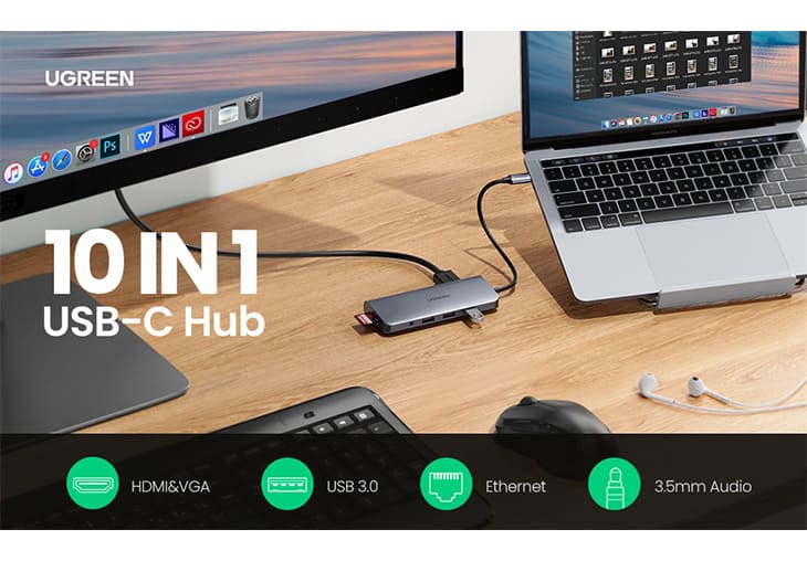 Bộ chuyển đổi USB C to HDMI + VGA + LAN 1Gbps + Hub USB3.0 + SD/TF + Audio Ugreen 80133 cao cấp