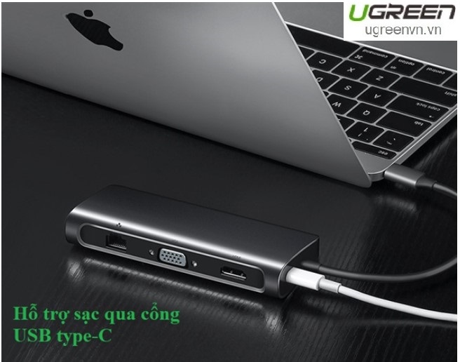 Thiết bị mở rộng USB type-C to HDMI/VGA/ Hub USB 3.0/ SD/TF/Lan Gigabit Ugreen 40873 Chính hãng