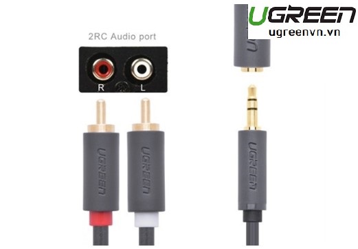 Cáp Audio 3.5mm âm ra 2 RCA dương dài 20cm Ugreen 10561 mạ vàng 24K cao cấp