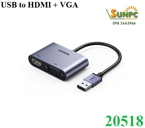 Cáp chuyển đổi USB 3.0 sang HDMI + VGA 1080P/60Hz Ugreen 20518 cao cấp