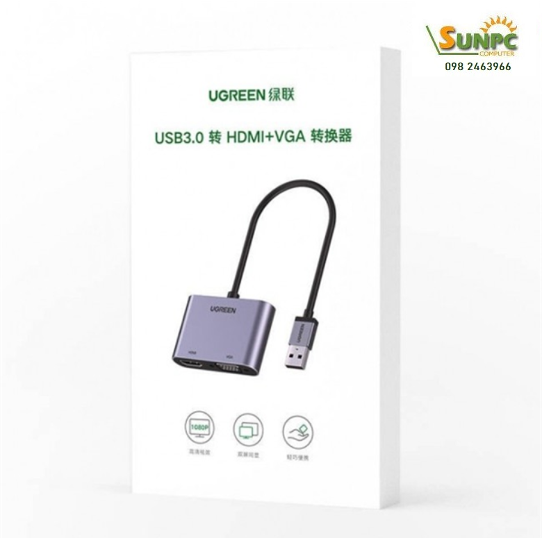 Cáp chuyển đổi USB 3.0 sang HDMI + VGA 1080P/60Hz Ugreen 20518 cao cấp