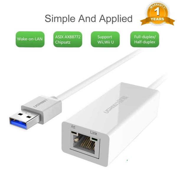 Cáp chuyển USB 3.0 to Lan hỗ trợ 10/100/1000 Mbps Ugreen 20255 cao cấp