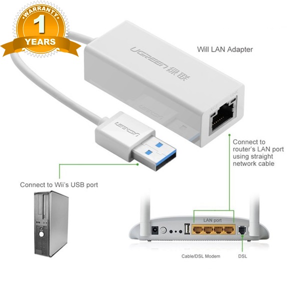 Cáp chuyển USB 3.0 to Lan hỗ trợ 10/100/1000 Mbps Ugreen 20255 cao cấp