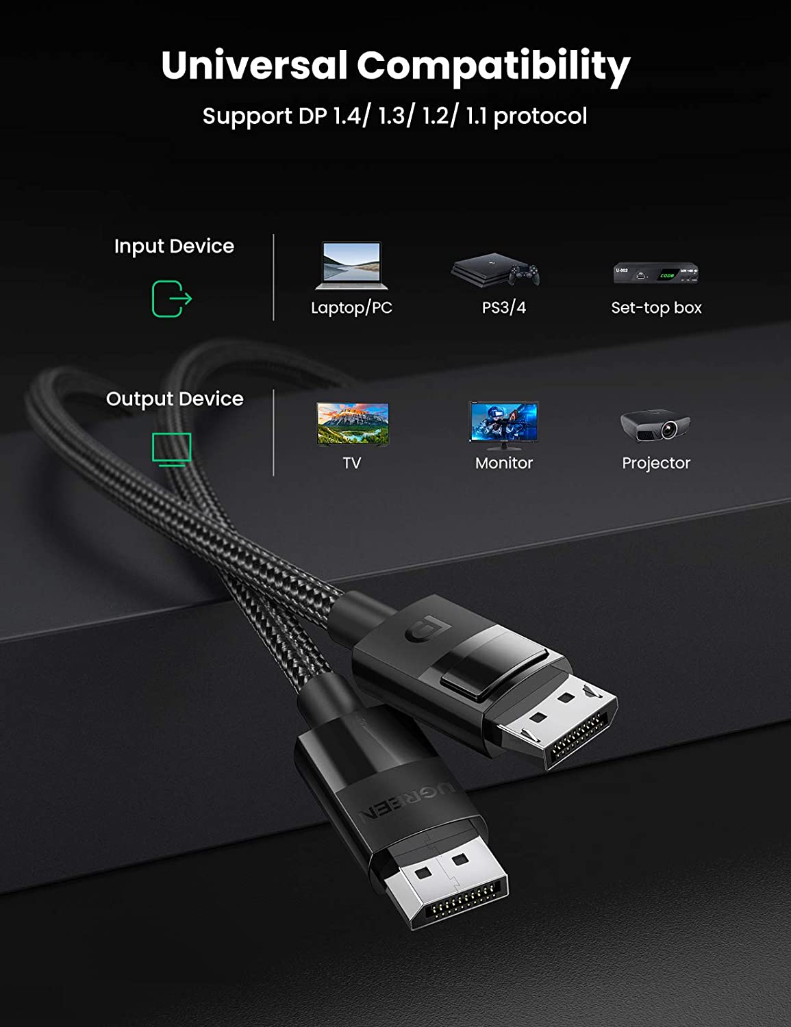 Cáp Displayport 1.4 dài 2m hỗ trợ 8K@60Hz 4K@240Hz chính hãng Ugreen 80392 cao cấp