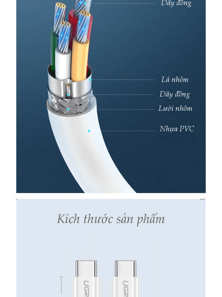 C&aacute;p sạc, dữ liệu USB Type-C to USB Type-C d&agrave;i 1M hỗ trợ PD 60W Ugreen 60518