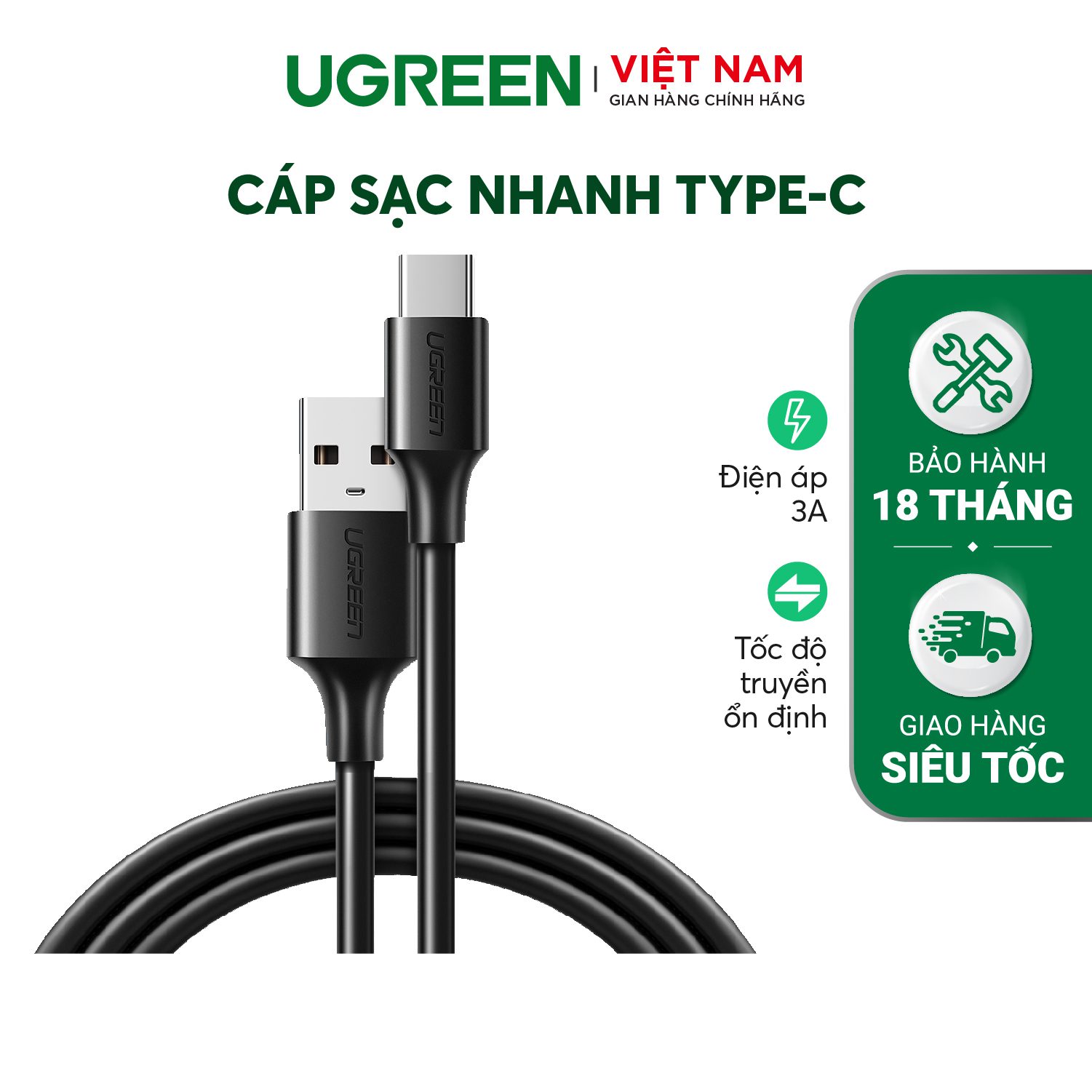 Cáp sạc, dữ liệu USB Type-A 2.0 sang USB Type-C dài 1M Ugreen 60116 cao cấp