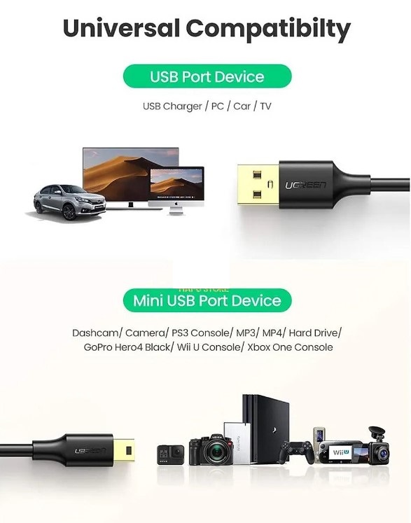 Cáp USB 2.0 to USB Mini 3m mạ vàng Ugreen 10386 Chính hãng