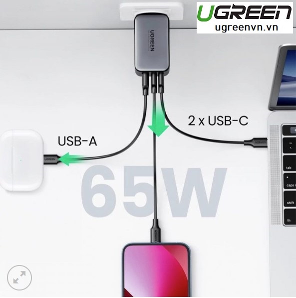 Củ sạc nhanh GaN 65W Ugreen 10335, 3 cổng, 2 USB-C và 1 USB Type-A