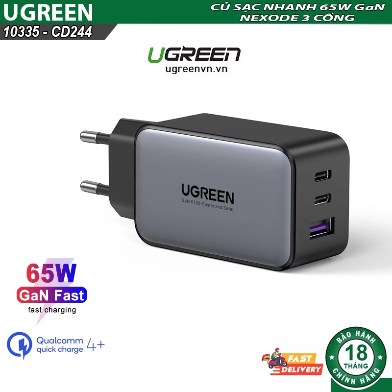 Củ sạc nhanh GaN 65W Ugreen 10335, 3 cổng, 2 USB-C và 1 USB Type-A