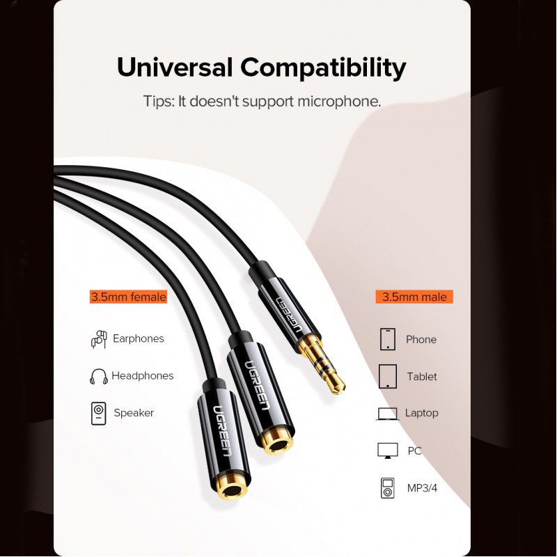 Cáp chia 2 cổng Audio 3,5mm dài 20cm ( 1 dương sang 2 âm ) chính hãng Ugreen 10532 cao cấp