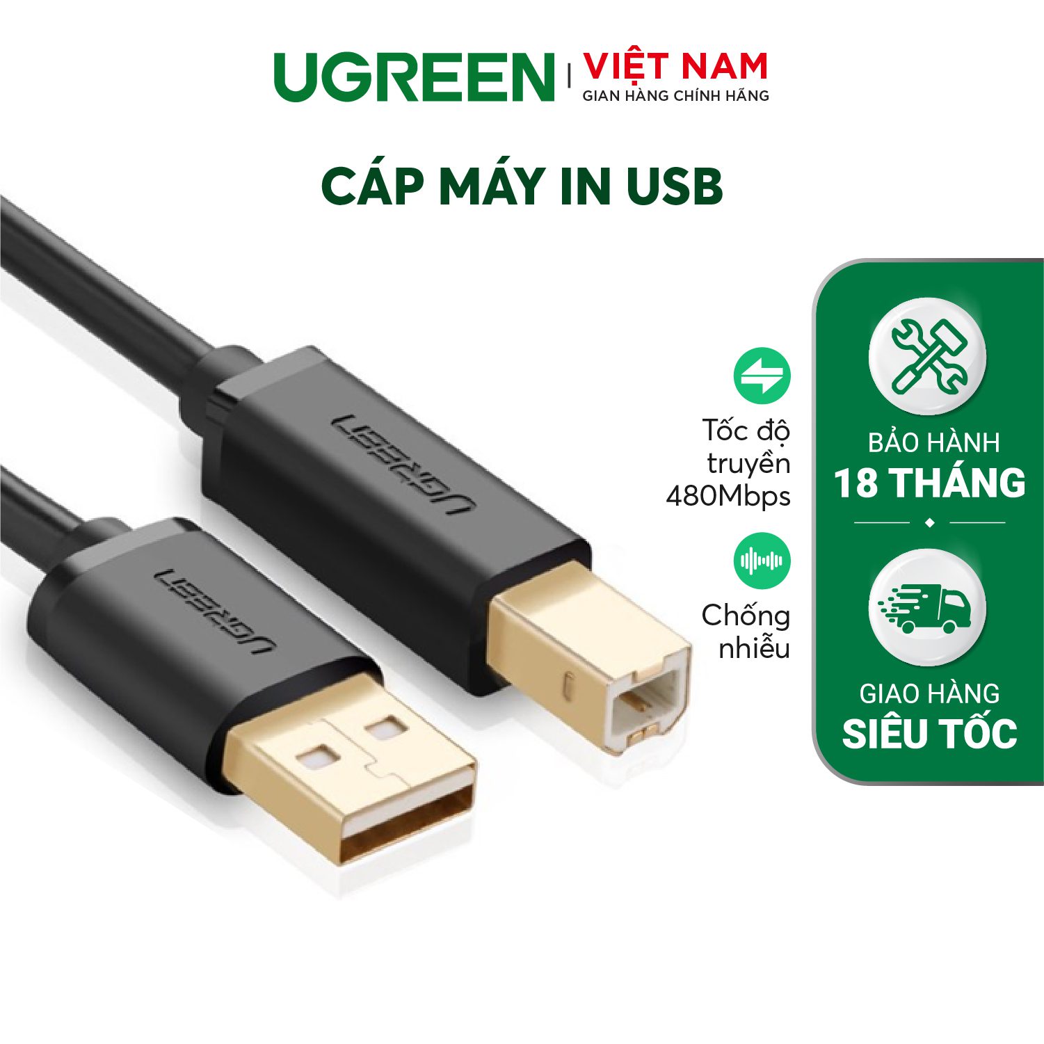 Cáp máy in USB 2.0 dài 2m Ugreen 20847 cao cấp