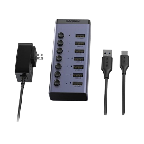 Bộ HUB chia 7 cổng USB 3.0 tốc độ 5Gbps vỏ nhôm, công tắc Ugreen 90307 (kèm nguồn 12V2A-EU) cao cấp