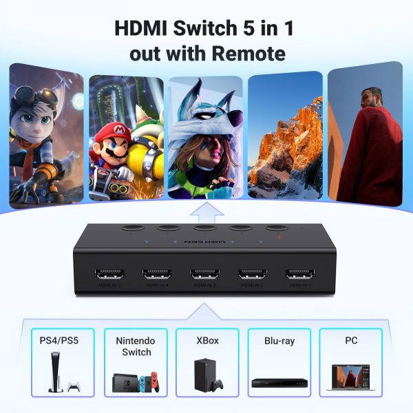 Bộ gộp HDMI 5 vào 1 ra chuẩn 2.0 hỗ trợ 4K@60Hz 3D CEC HDR HDCP2.2 Ugreen 90512 cao cấp