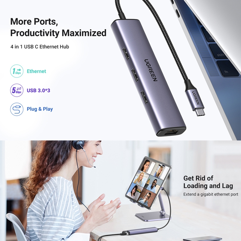 Hub chia USB Type-C to 3 cổng USB 3.0 Type-A kèm Lan Gigabit, vỏ nhôm chính hãng Ugreen 60600