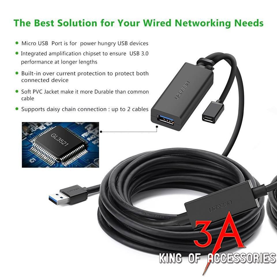 Cáp USB 3.0 nối dài 5m hỗ trợ nguồn Micro USB chính hãng Ugreen 20827 cao cấp