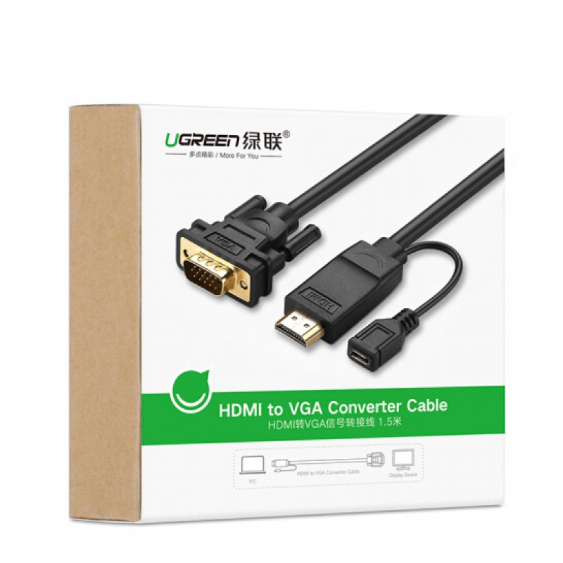 Cáp chuyển đổi HDMI to VGA 1,5m hỗ trợ nguồn chính hãng Ugreen 30449 cao cấp
