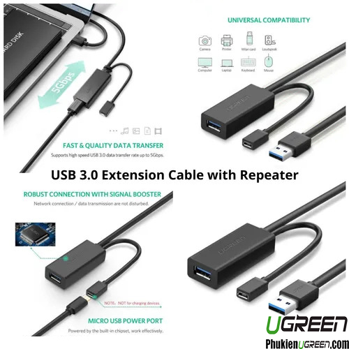 Cáp USB 3.0 nối dài 5m hỗ trợ nguồn Micro USB chính hãng Ugreen 20826 cao cấp