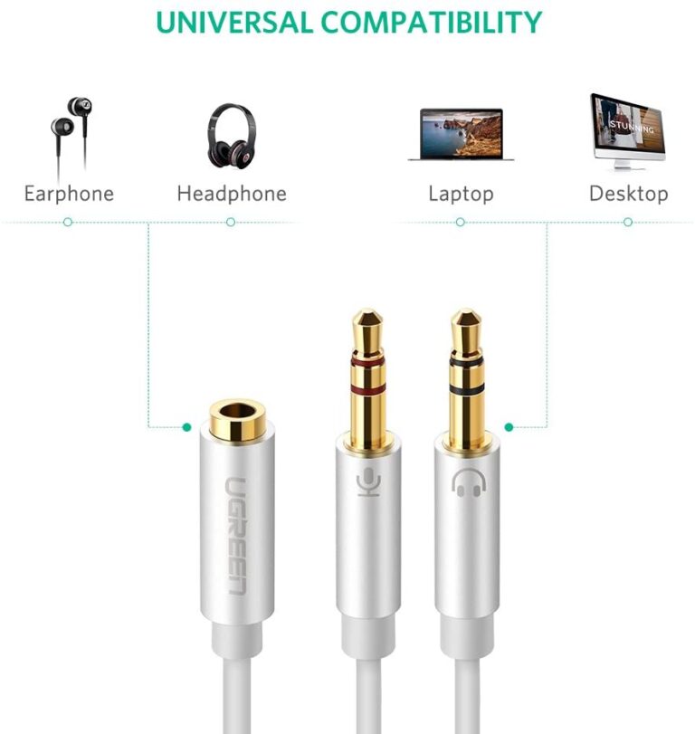 Cáp Audio 3,5mm âm ra 2 đầu 3,5mm 1 Mic 1 loa chính hãng Ugreen 20899 mạ vàng cao cấp