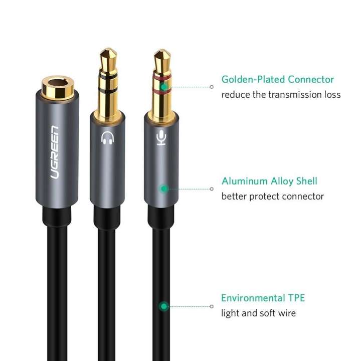 Cáp Audio 3,5mm âm ra 2 đầu 3,5mm 1 Mic 1 loa chính hãng Ugreen 20899 mạ vàng cao cấp