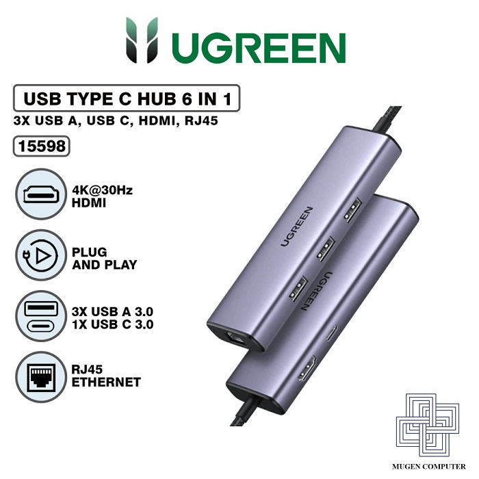 Hub USB Type-C 6 trong 1 ra HDMI 4K@30Hz, USB 3.0, Lan 1Gbps, Sạc PD 100W Ugreen 15598 cao cấp