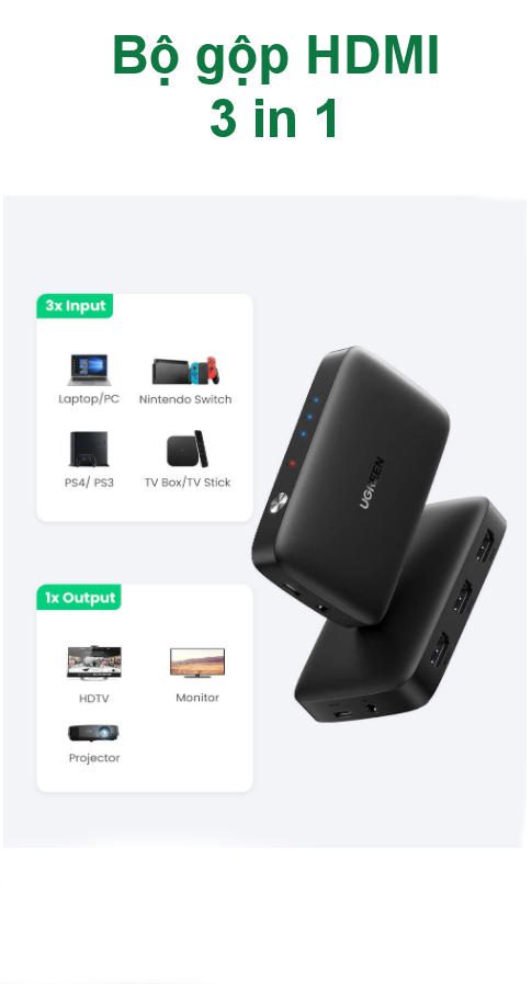 Thiết bị chuyển mạch HDMI 3 vào 1 ra hỗ trợ 4K@30Hz 3D 1080p Ugreen 80125 (Có remote)