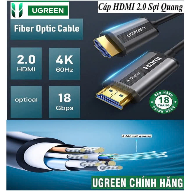 Cáp HDMI 2.0 sợi quang hợp kim kẽm 30m hỗ trợ 4K/60Hz chính hãng Ugreen 50217 cao cấp