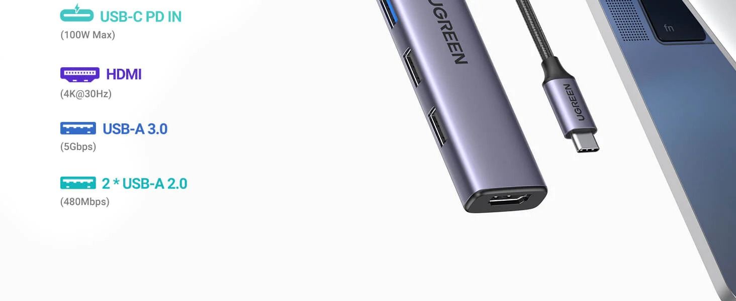 Hub USB Type-C 5 trong 1 ra HDMI 4K@30Hz, USB 2.0, USB 3.0, Sạc PD 100W Ugreen 15495 cao cấp