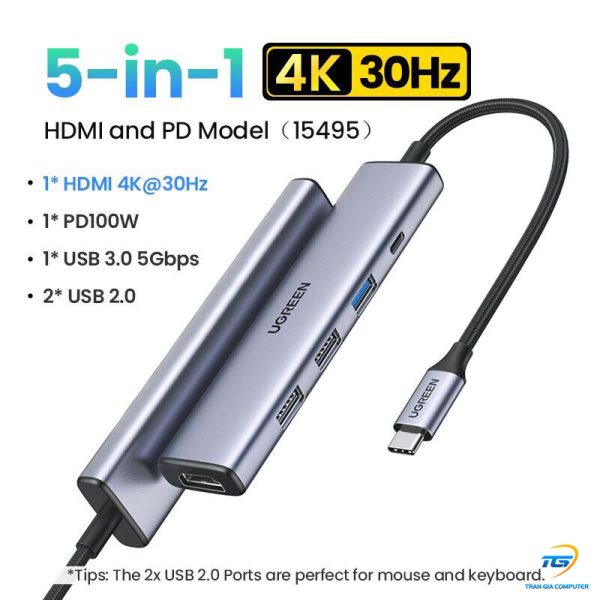 Hub USB Type-C 5 trong 1 ra HDMI 4K@30Hz, USB 2.0, USB 3.0, Sạc PD 100W Ugreen 15495 cao cấp