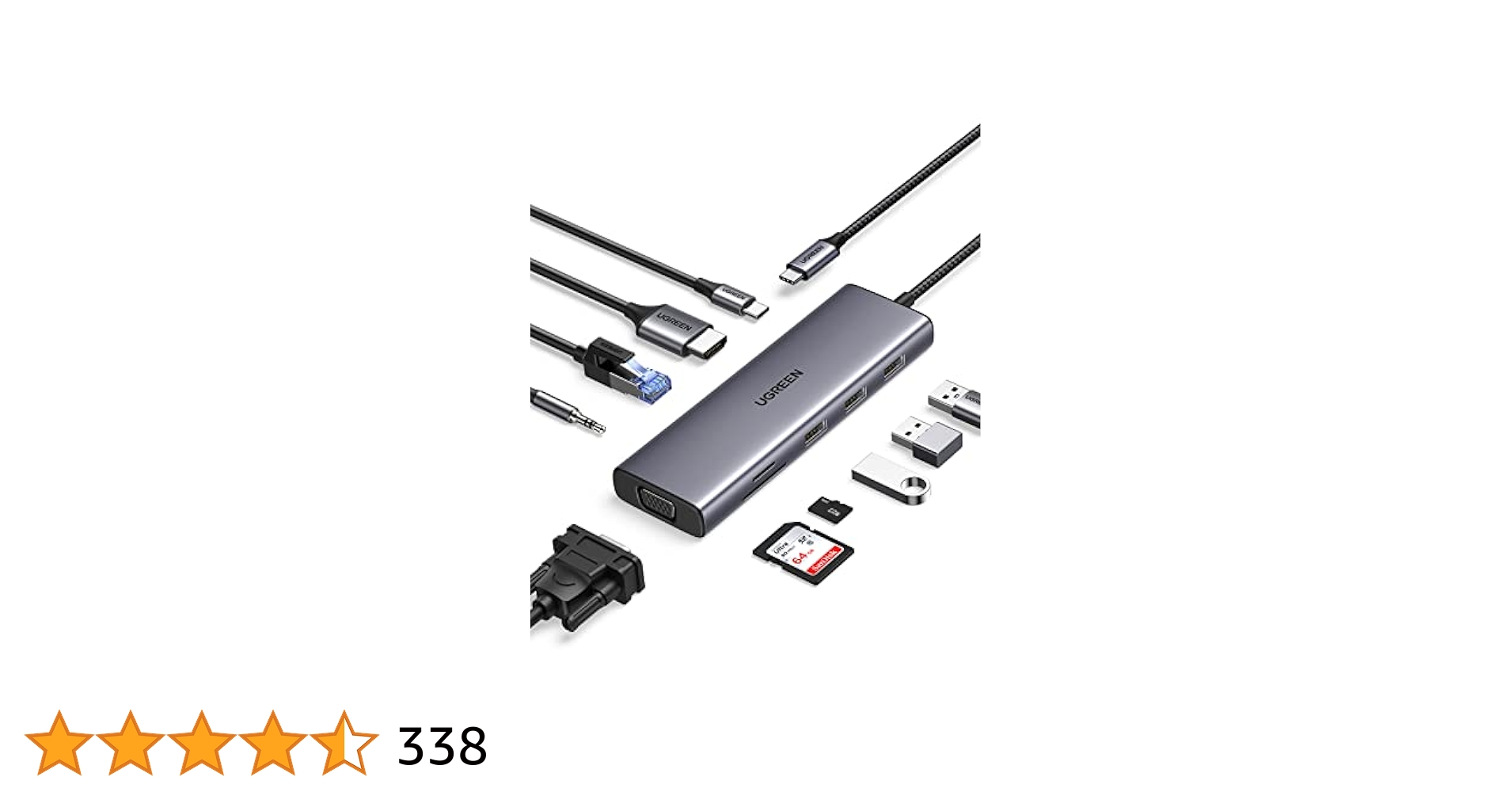 Hub USB Type-C 10 trong 1 ra HDMI, VGA, USB, Lan 1Gbps, 3.5mm, SD/TF, Sạc PD 100W Ugreen 15601