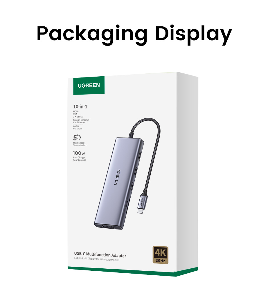 Hub USB Type-C 10 trong 1 ra HDMI, VGA, USB, Lan 1Gbps, 3.5mm, SD/TF, Sạc PD 100W Ugreen 15601