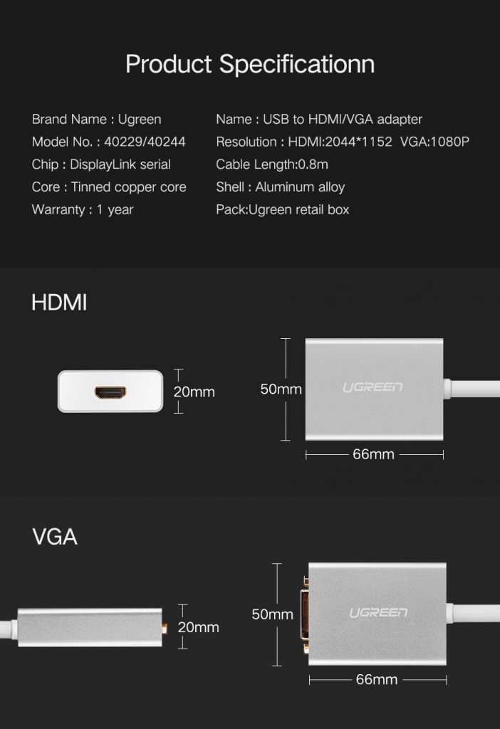 Cáp USB 3.0 to HDMI chính hãng Ugreen 40229 cao cấp