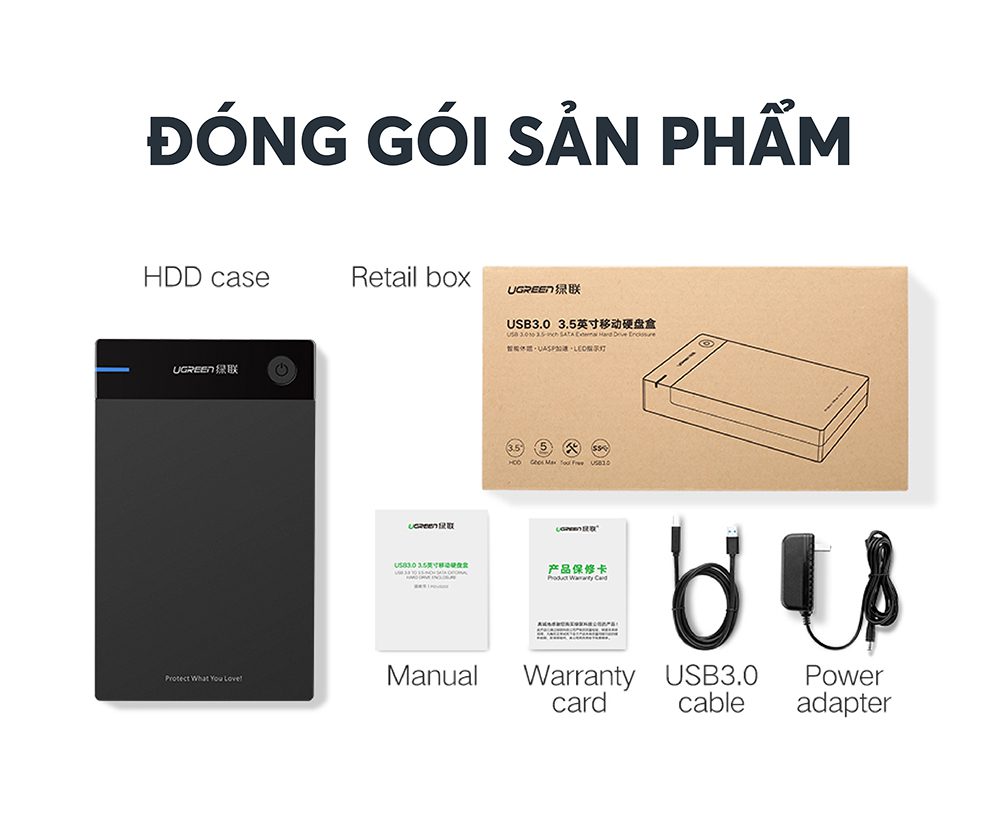 Hộp đựng ổ cứng 3.5 inch Sata/USB 3.0 hỗ trợ 16TB chính hãng Ugreen 50422 cao cấp