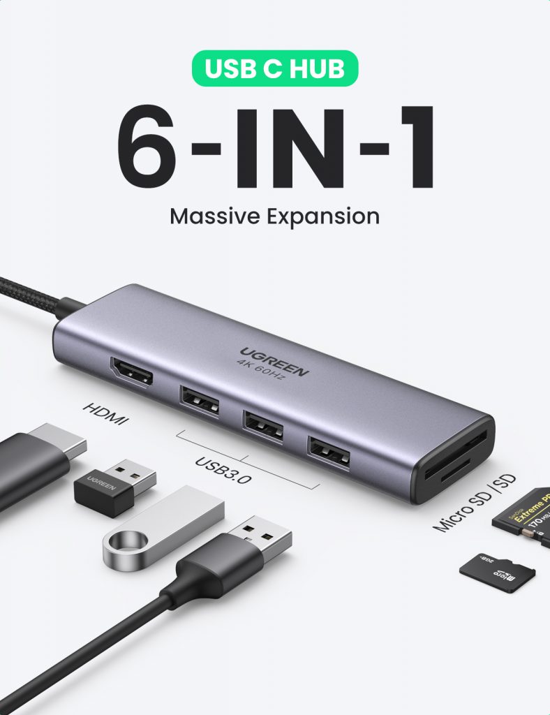 Thiết bị hub mở rộng 6 in 1 USB Type-C ra HDMI 4K@60hz/USB/SD/TF Ugreen 60383 cao cấp