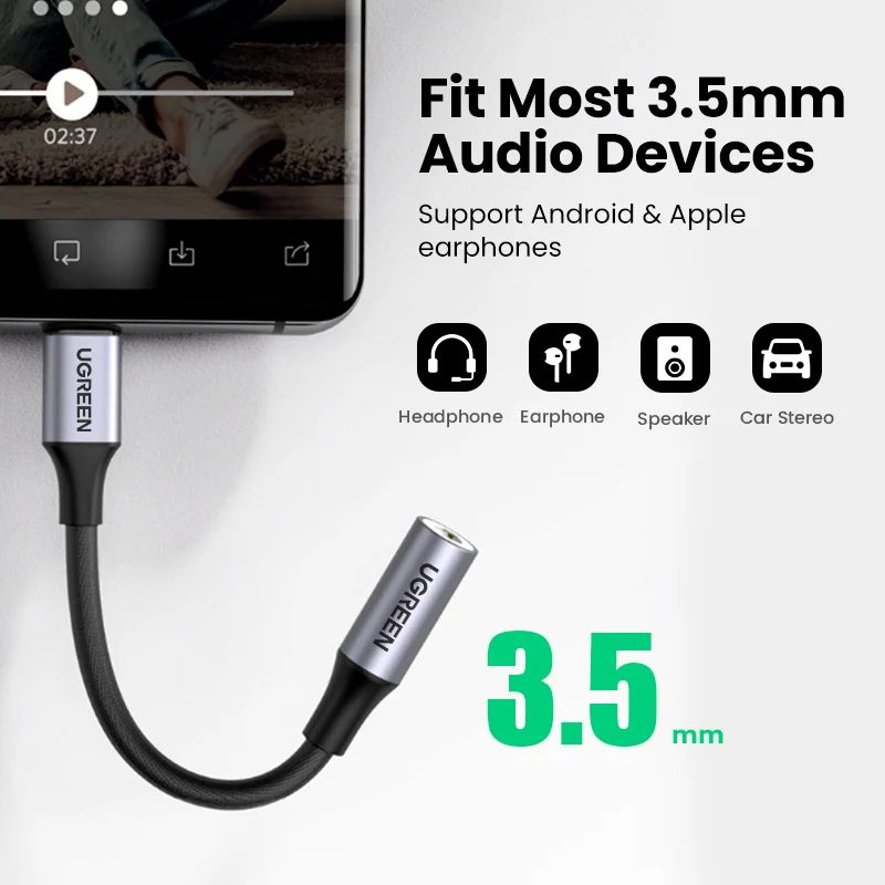 Cáp chuyển đổi âm thanh USB Type-C ra 3.5mm có chip DAC Ugreen 80154 cao cấp (Xám)