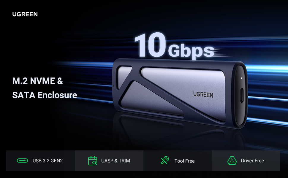 Box ổ cứng SSD M.2 hỗ trợ NVME+SATA USB Type-C 3.2 GEN2 tốc độ 10Gbps Ugreen 90264 cao cấp (Max 2TB)
