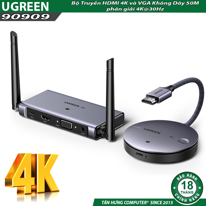 Bộ phát nhận tín hiệu HDMI+VGA không dây 50m 4K@30hz sóng 2.4/5Ghz Ugreen 90909A CM586 cao cấp