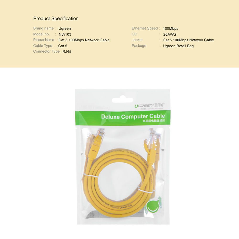 Cáp mạng đúc sẵn Cat5e 3M Ugreen 11232 màu vàng cao cấp