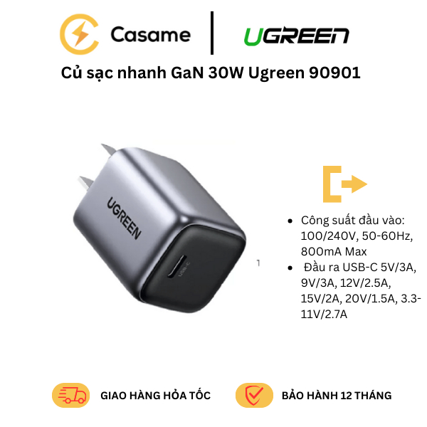 Củ sạc nhanh 30W GaN 1 cổng USB Type-C Hỗ trợ QC4+, PD3.0 Ugreen 90901 cao cấp