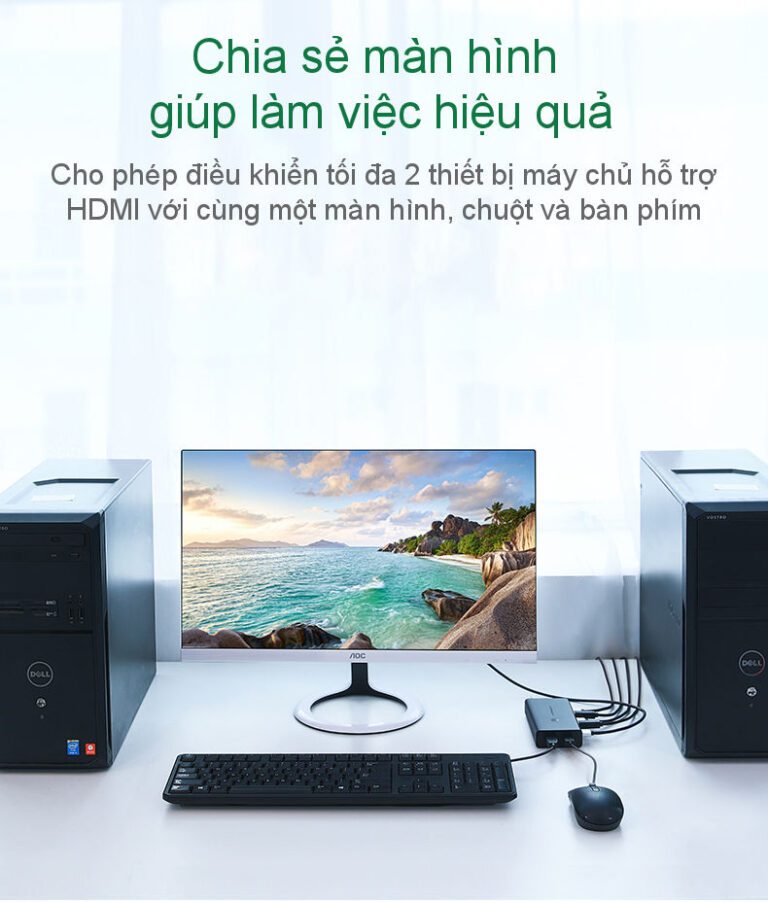 Bộ chuyển đổi 2 máy tính dùng 1 màn hình HDMI - Auto 2 USB KVM Switch chính hãng Ugreen 50744