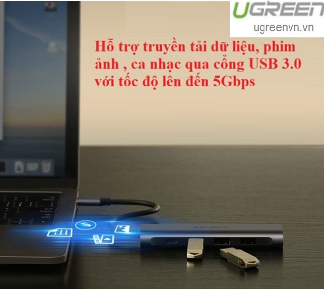 Thiết bị mở rộng USB type-C sang HDMI/ Hub USB 3.0 hỗ trợ sạc cổng USB-C chính hãng Ugreen 50209