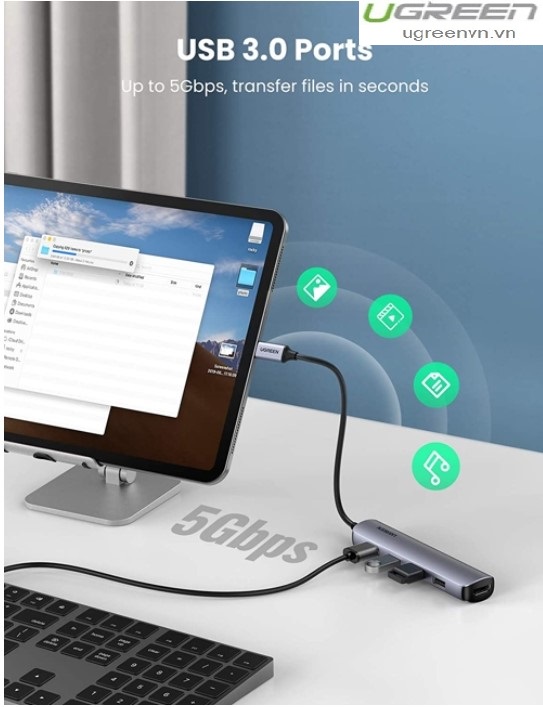 Thiết bị mở rộng USB Type C to HDMI 4K@30Hz kèm Hub 4 cổng USB 3.0 Ugreen 20197 cao cấp